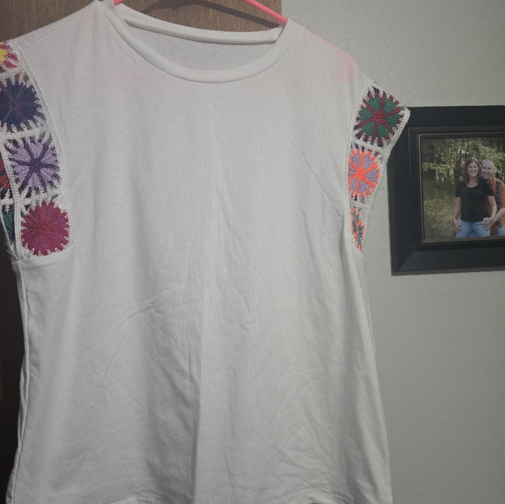 Source Unknown White Top with Colorful Crochet Sleeves